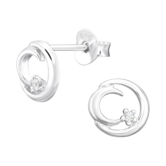 Sterling Silver Crescent Moon Tiny Stud Earrings with CZ 8mm - Picture 1 of 10